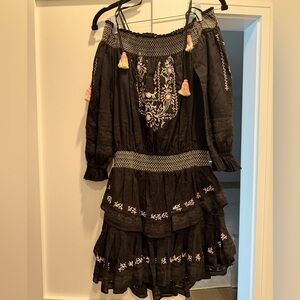 LoveShackFancy off the shoulder mini dress, black, size XS